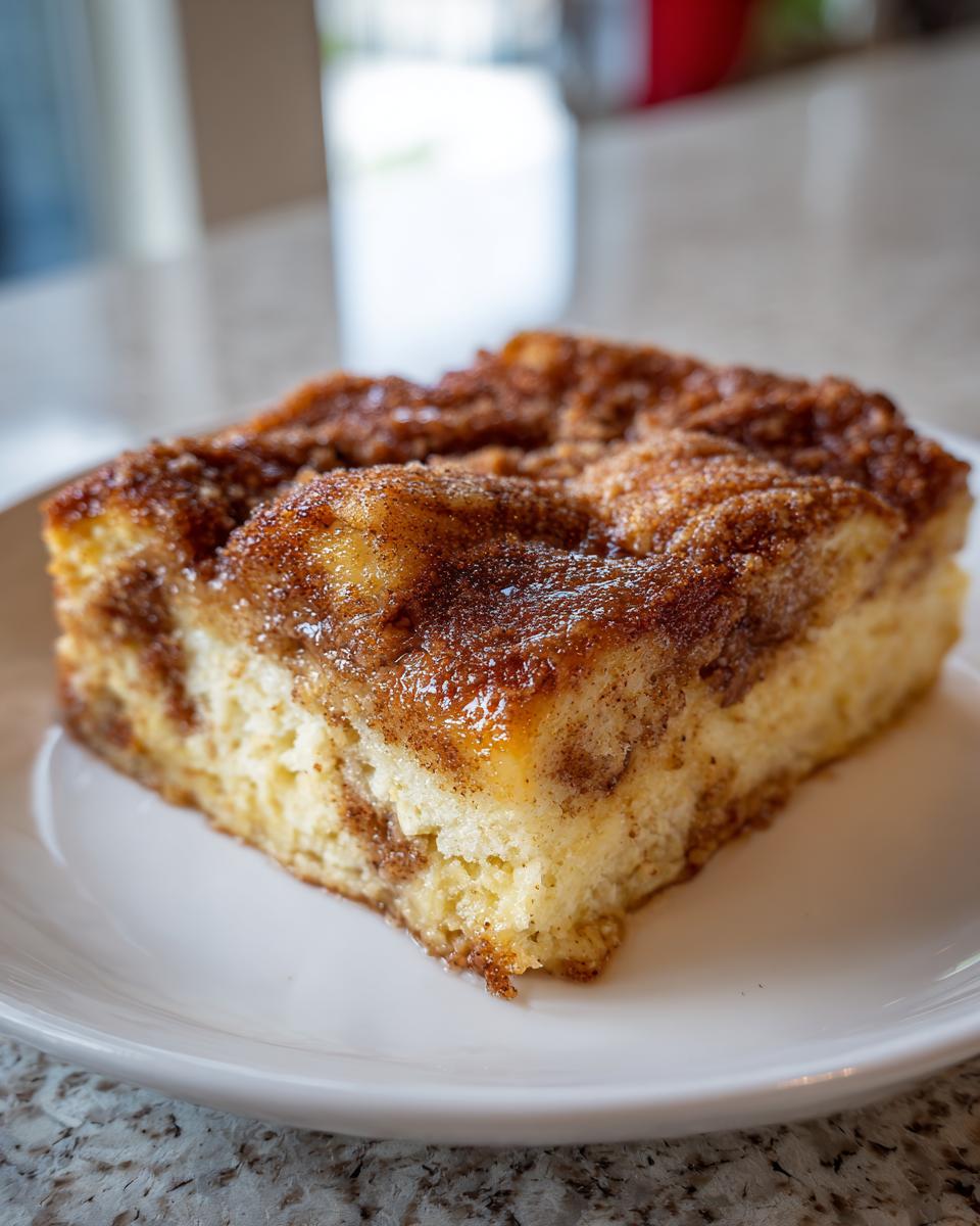 Close-up of a square slice of moist french toast casserole topped with a thick, gooey cinnamon sugar crumble.