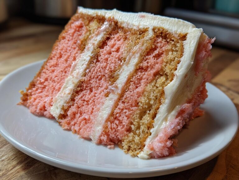 Close-up of a thick slice of layered cherry cake featuring pink and tan layers separated by white frosting.