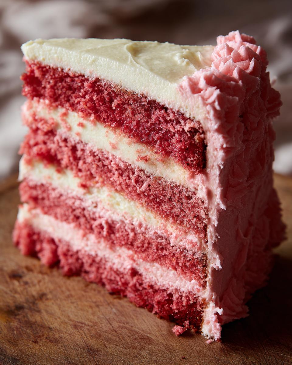 Close-up of a tall slice of layered red cake, likely a cherry cake, with white and pink frosting layers.