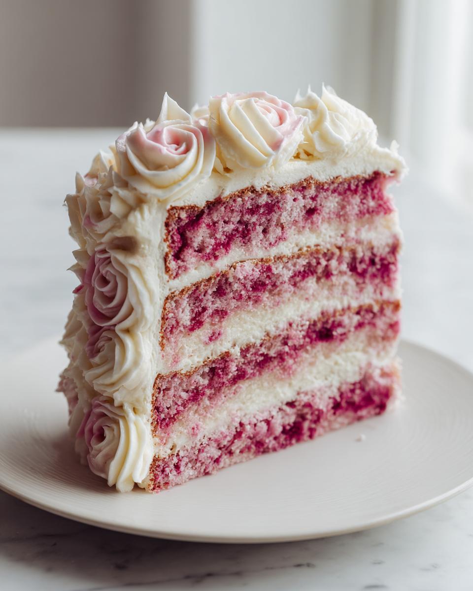 A tall slice of layered rose cake featuring pink marbled sponge layers and white frosting piped into rose shapes.