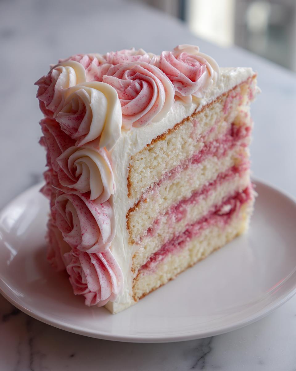 A beautiful slice of layered white and pink rose cake with buttercream frosting roses on a white plate.