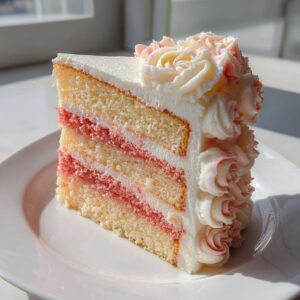 A perfect slice of layered rose cake showing vanilla sponge, pink filling layers, and white frosting piped into rose shapes.