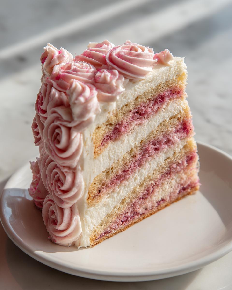 A beautiful slice of layered rose cake featuring pink frosting roses on the side and pink filling layers.