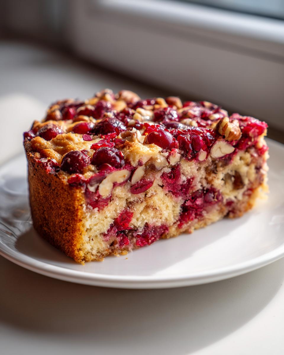 A close-up slice of Nantucket cranberry pie, rich with bright red cranberries and pecans, served on a white plate.