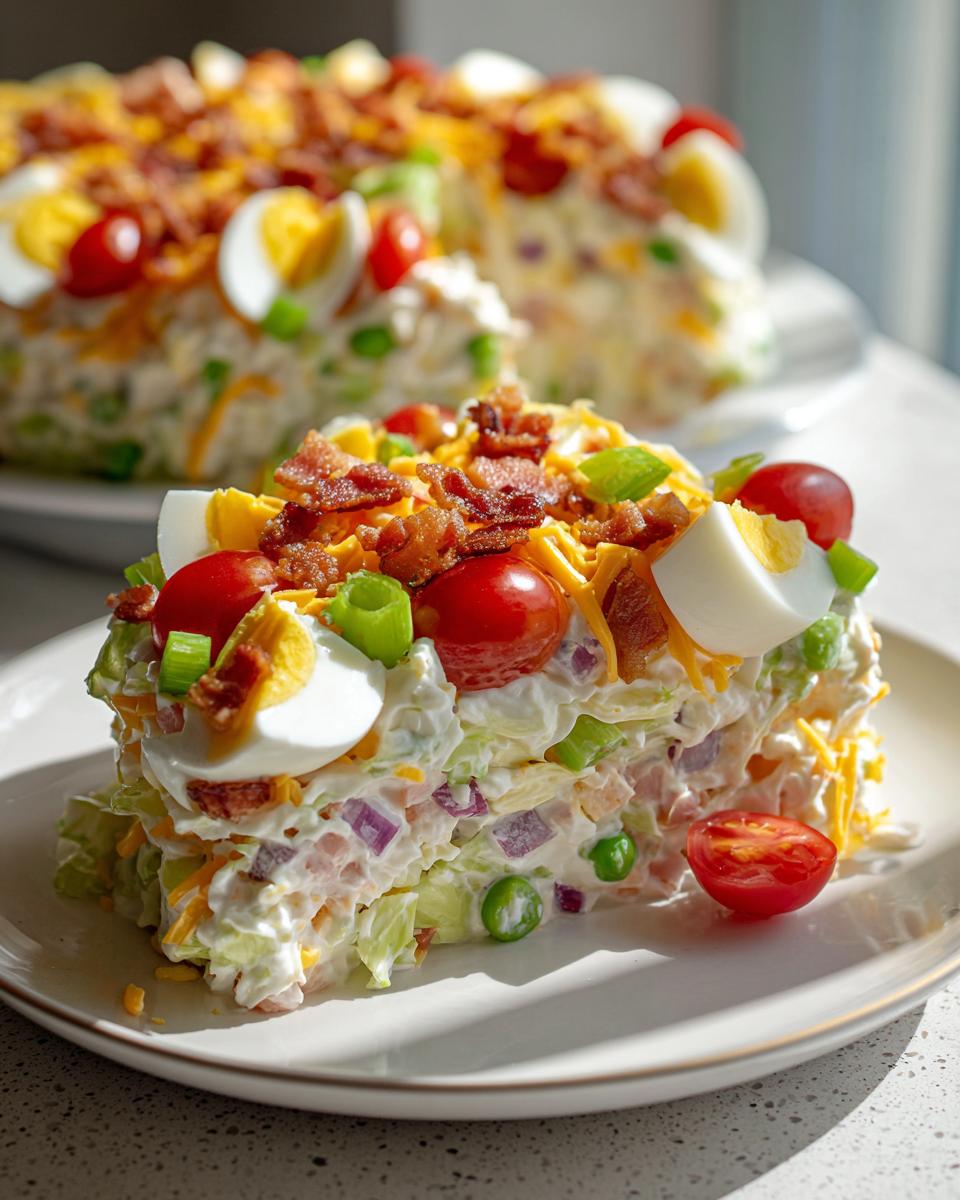 A thick, layered slice of 7 layer salad topped with bacon, cheese, hard-boiled egg, and tomatoes.