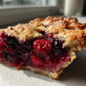 Close-up of a thick slice of berry pie showing juicy red filling and a golden, sugared lattice crust.