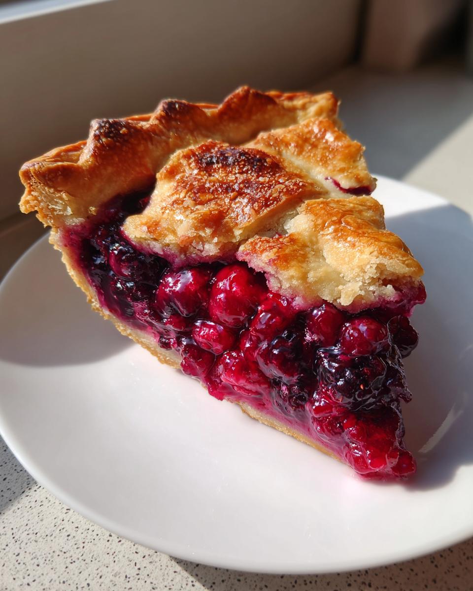 A close-up slice of vibrant berry pie showing a thick, set filling and golden, flaky lattice crust.