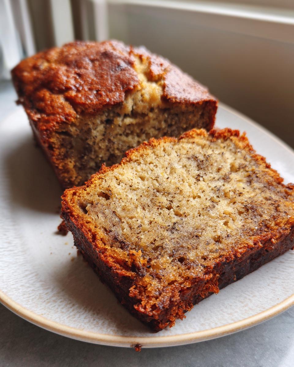 Close-up of a moist slice of best banana bread with a dark, caramelized crust on a light plate.