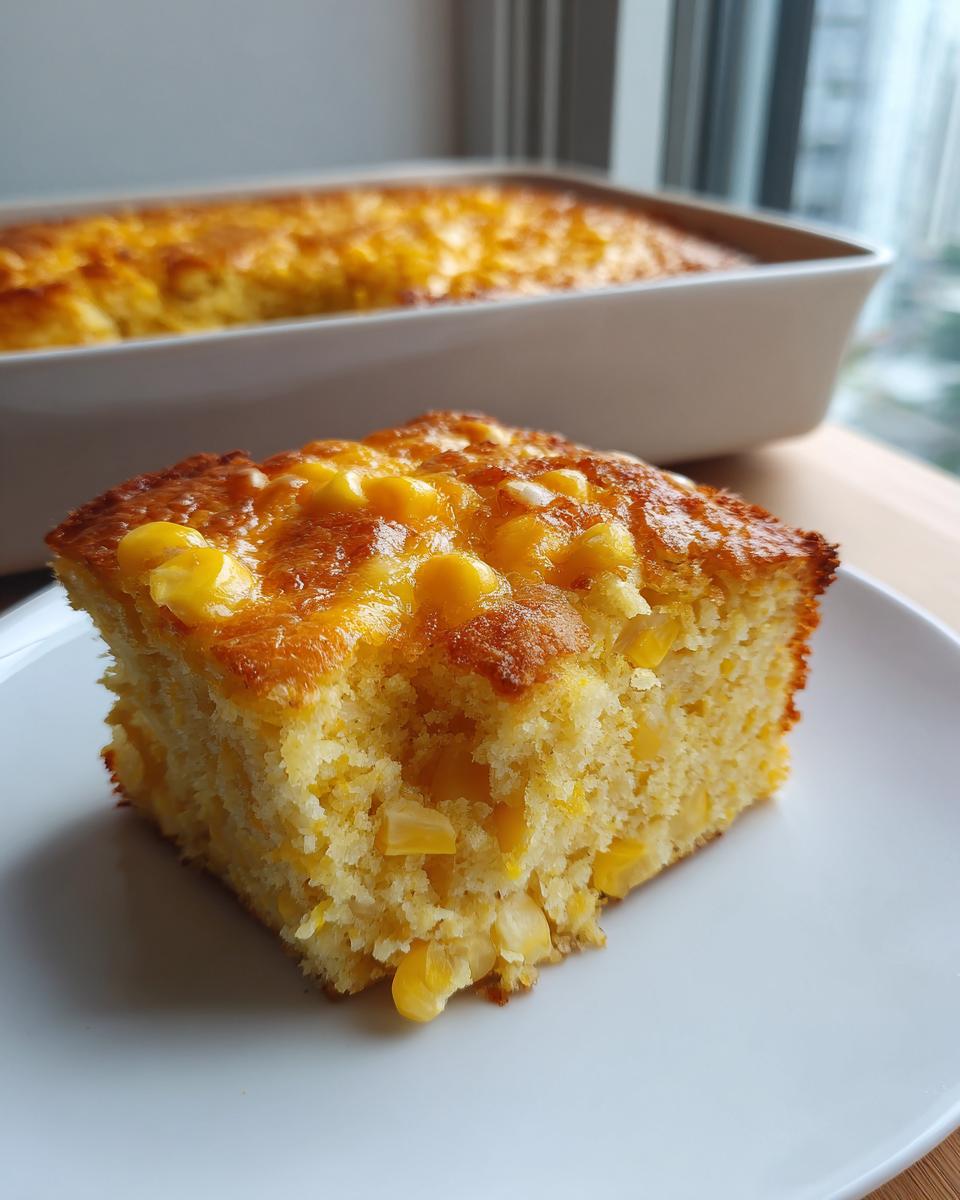 A square slice of moist cornbread casserole studded with corn kernels, served on a white plate.