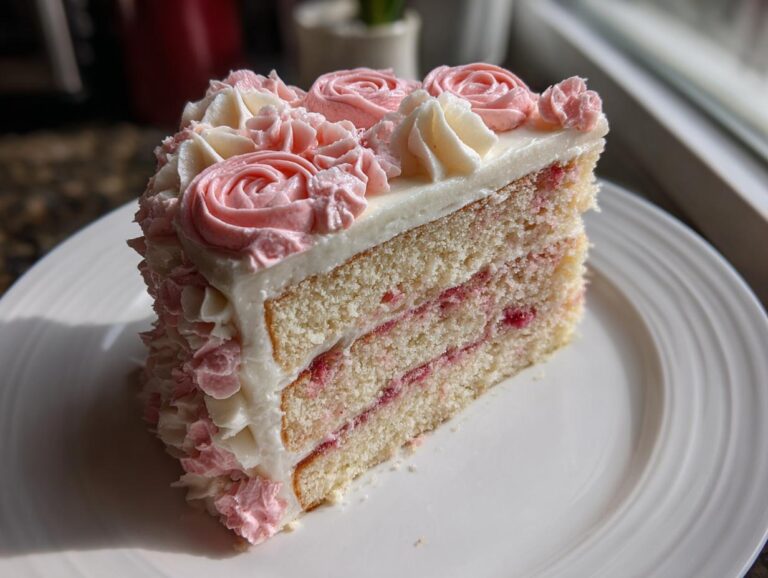A close-up slice of a layered rose cake with white and pink buttercream frosting roses on top.