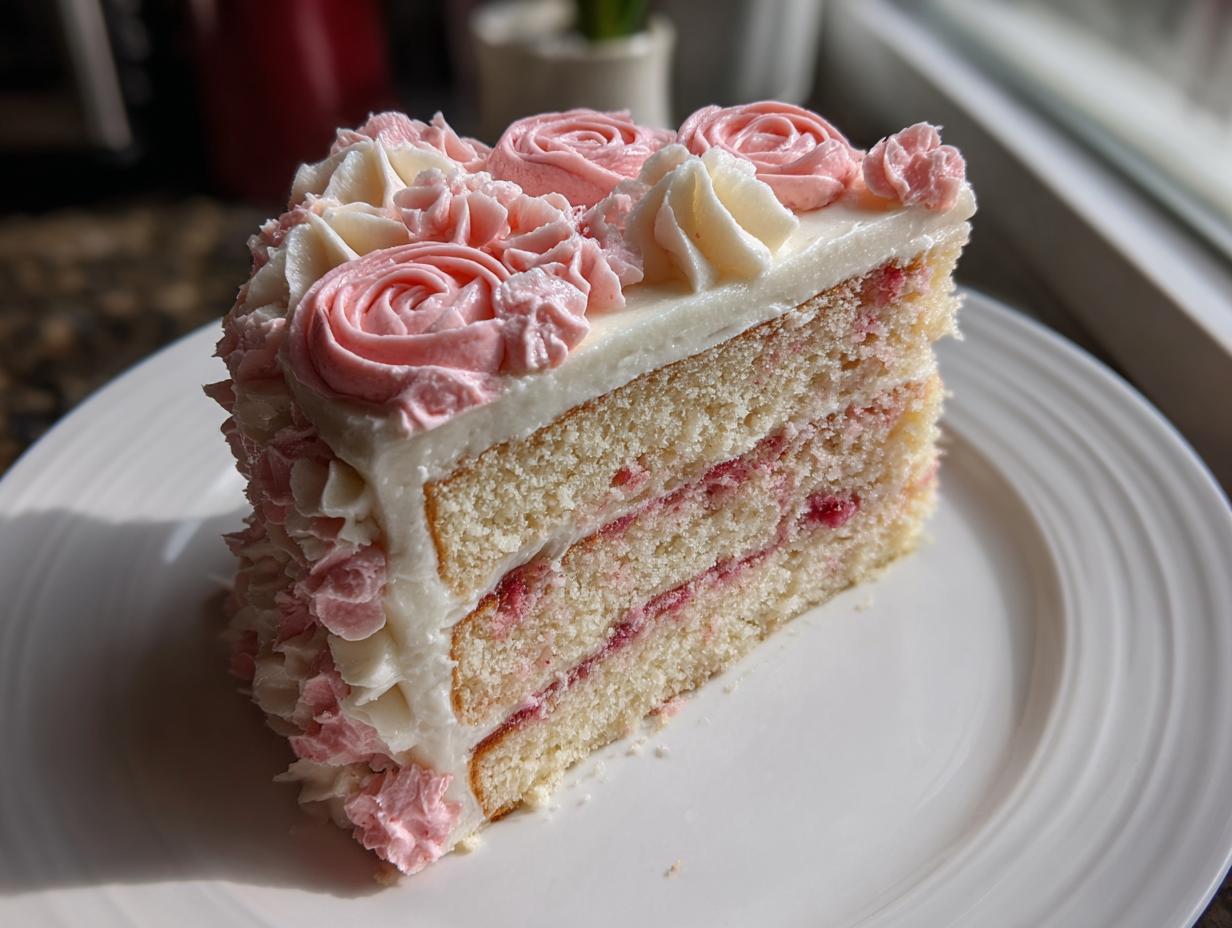 A close-up slice of a layered rose cake with white and pink buttercream frosting roses on top.
