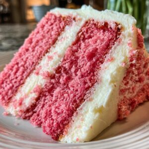Close-up of a moist slice of pink layered Cherry Cake with thick white cream cheese frosting layers.