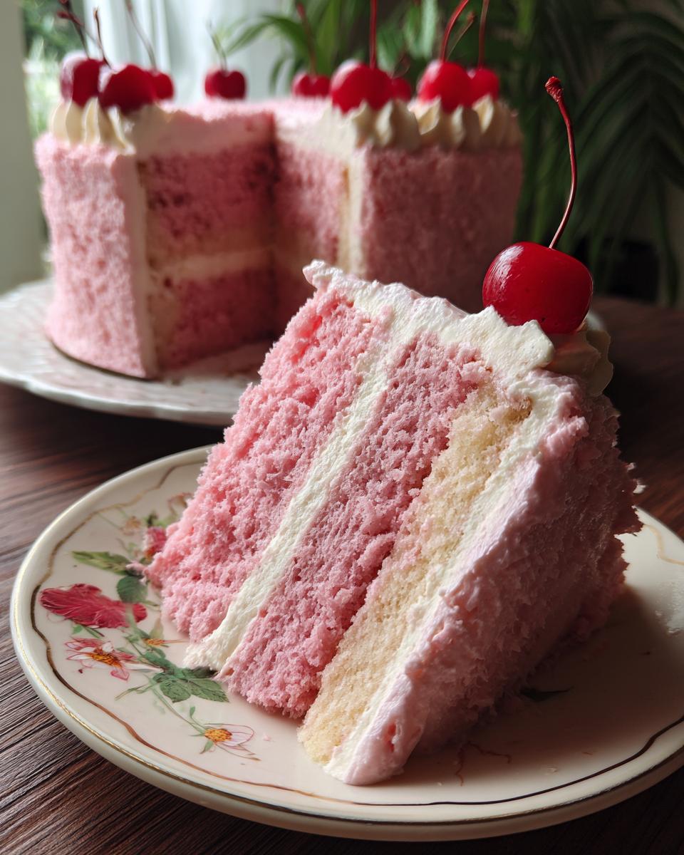 Close-up of a slice of pink layer Cherry Cake showing pink sponge, white filling, and topped with whipped cream and a maraschino cherry.