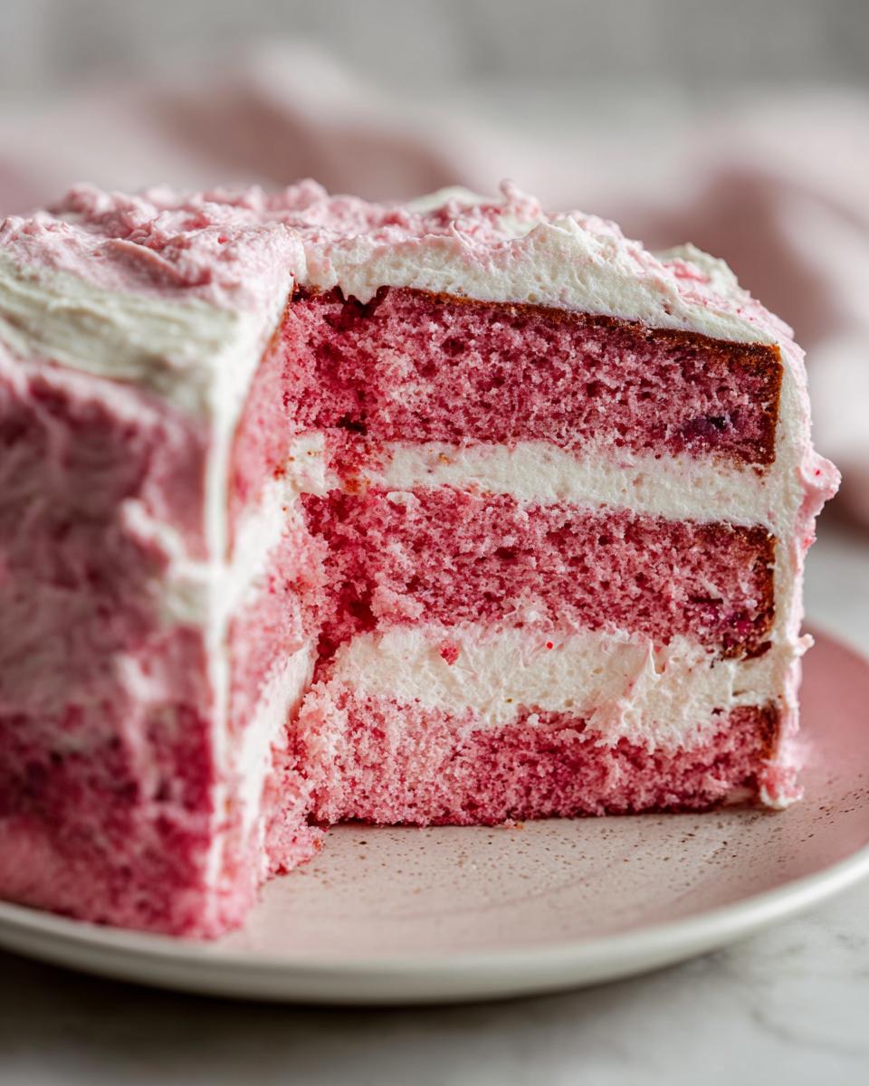 Close-up of a slice of moist, pink layered Cherry Cake with thick layers of white cream frosting.
