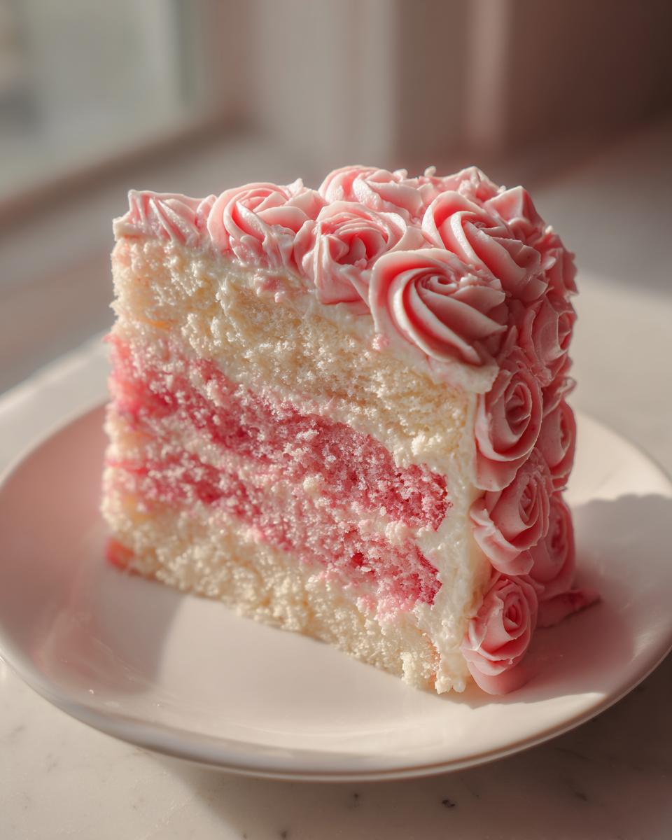 A beautiful slice of rose cake showing white and pink marbled layers, decorated with pink buttercream roses.