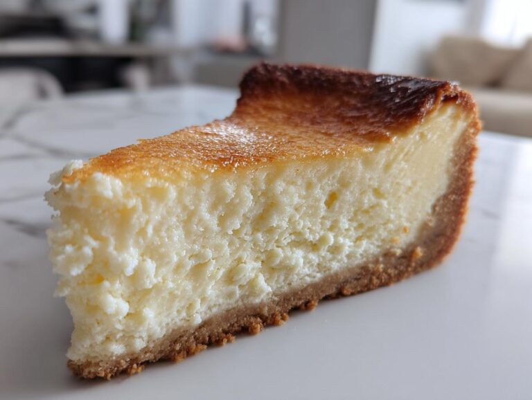Close-up of a thick slice of white chocolate cheesecake showing a creamy interior and a golden-brown, slightly caramelized top.