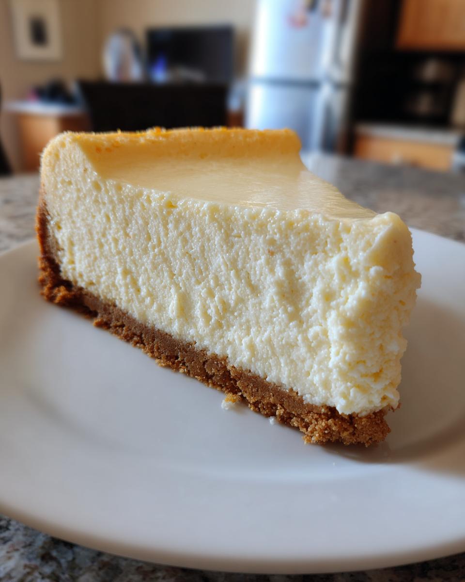 A thick, creamy slice of white chocolate cheesecake with a graham cracker crust served on a white plate.