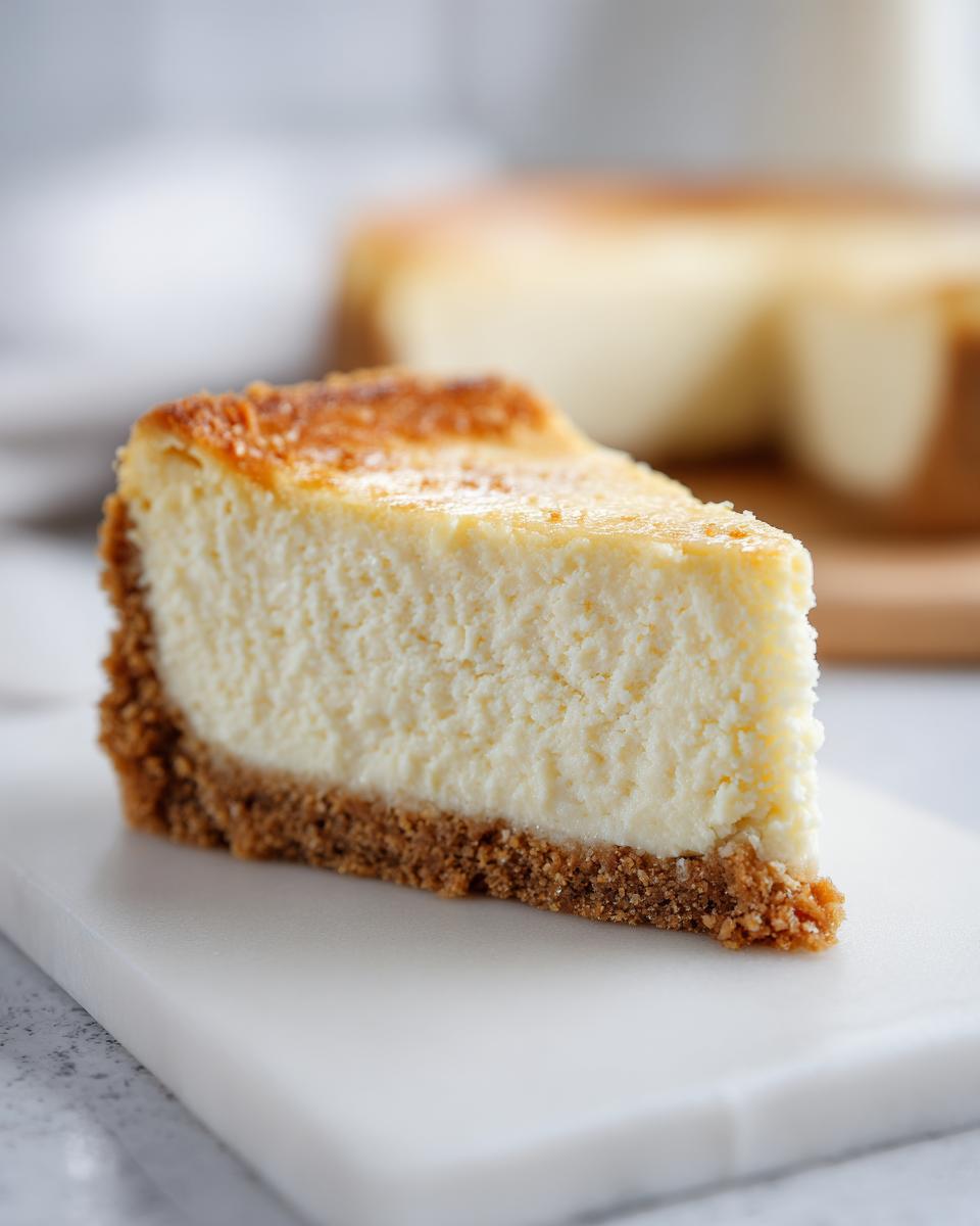 A close-up slice of rich, creamy white chocolate cheesecake with a thick graham cracker crust.