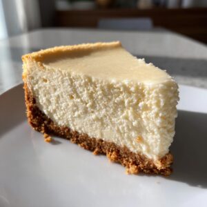 A perfect slice of rich white chocolate cheesecake with a thick graham cracker crust sitting on a white plate.