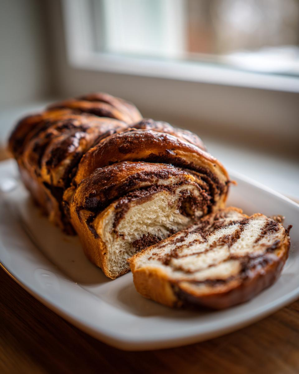 A freshly baked chocolate babka loaf, partially sliced, showing rich chocolate swirls inside the sweet bread.