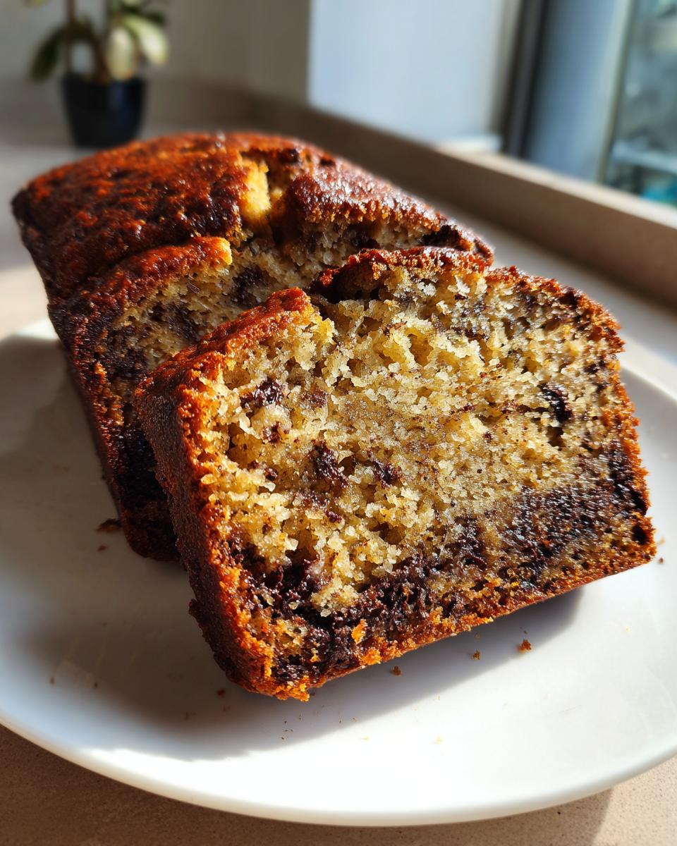 Close-up of sliced vegan banana bread loaded with chocolate chips, resting on a white plate.