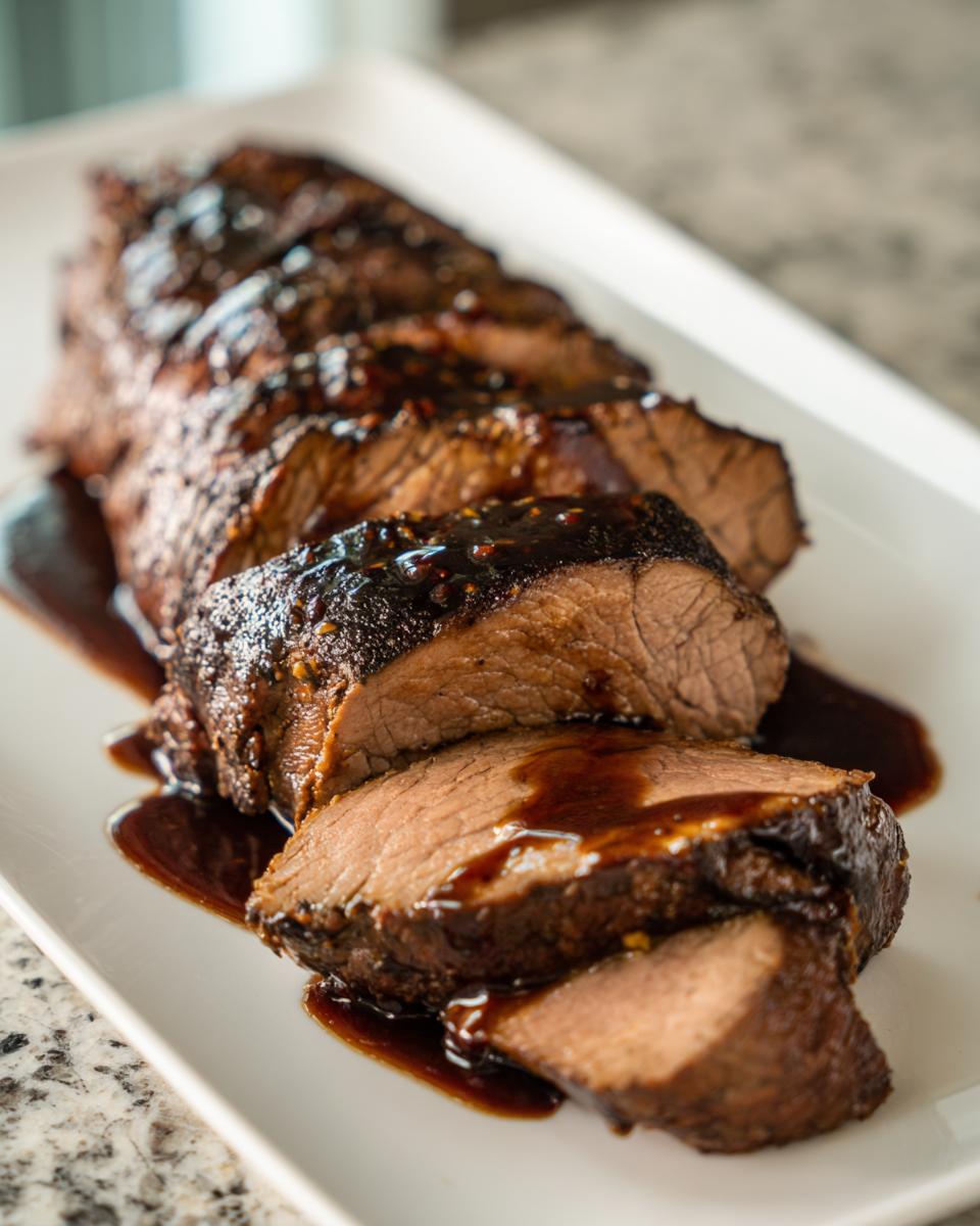 Close-up of a sliced, glazed pork tenderloin recipe resting on a white rectangular platter with rich brown sauce.