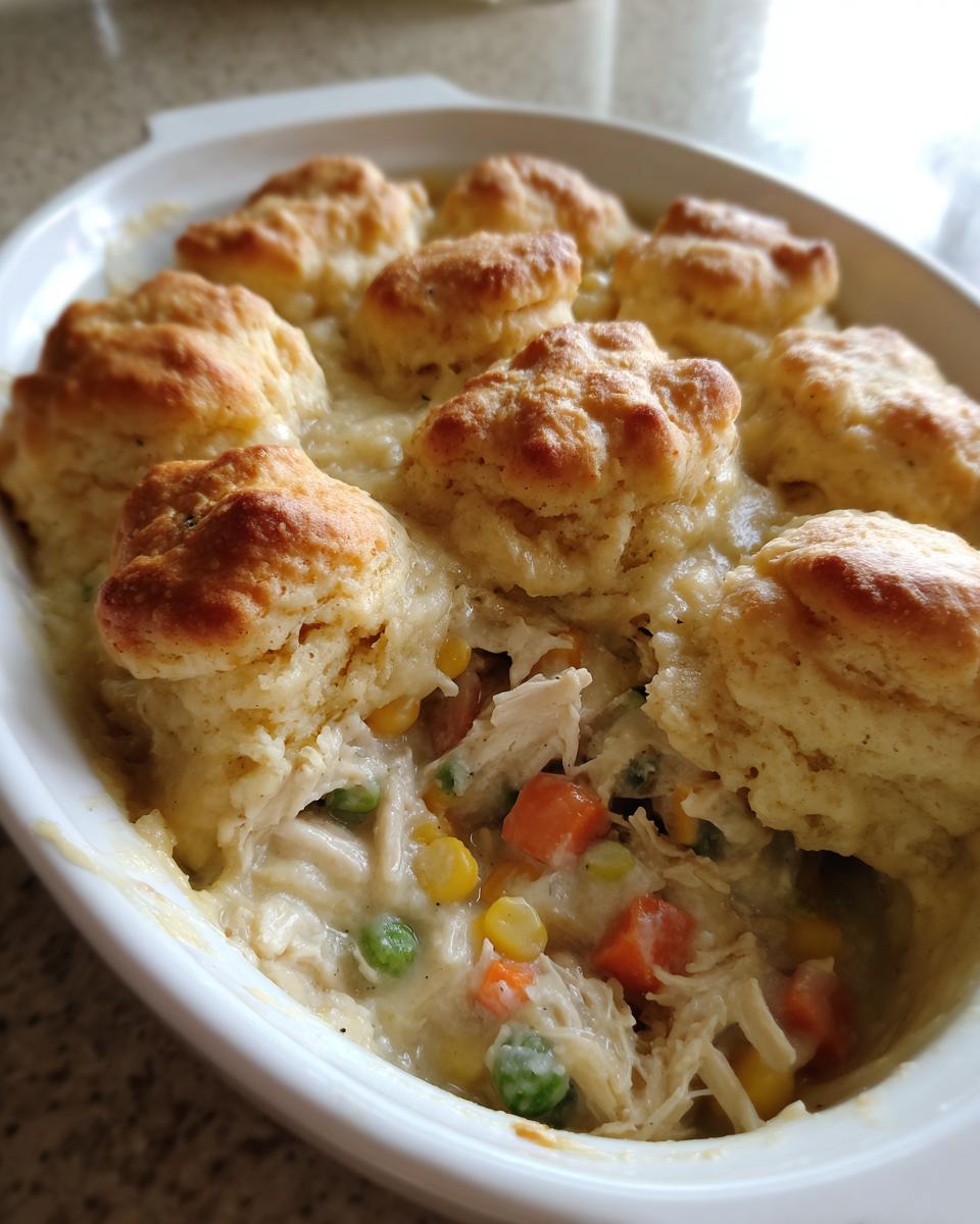 Close-up of a white oval dish filled with creamy slow cooker chicken pot pie, topped with golden brown biscuits.