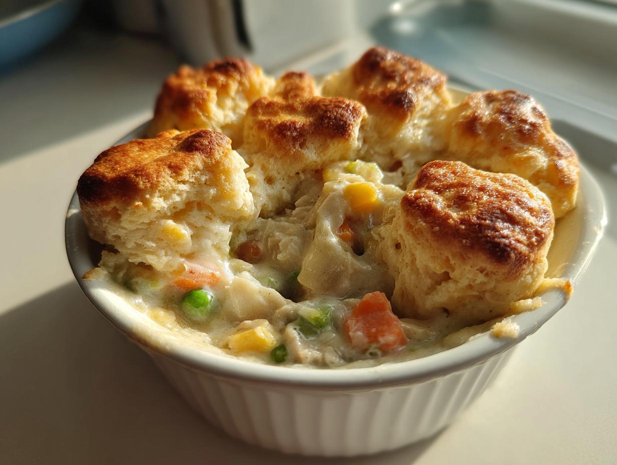 Close-up of a single serving slow cooker chicken pot pie topped with golden brown biscuits in a white ramekin.