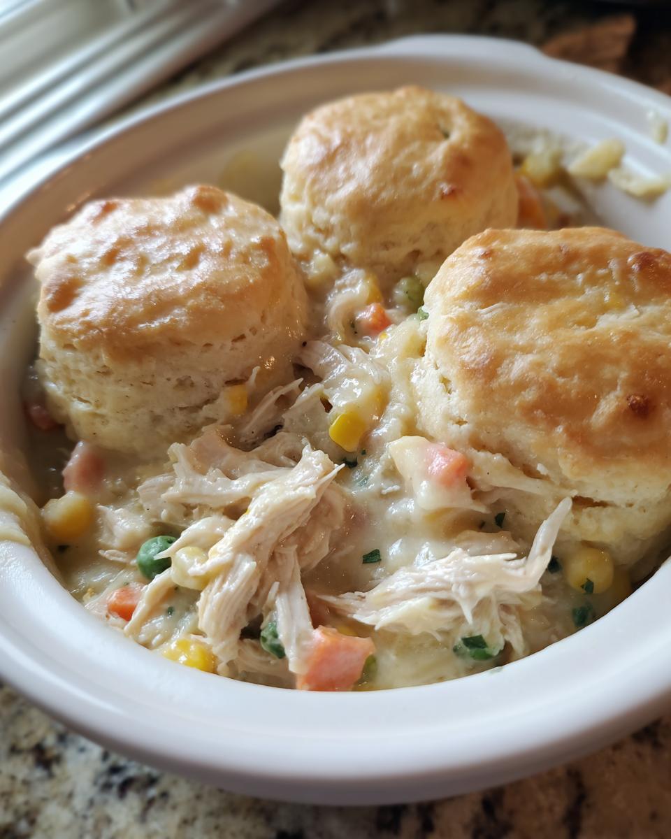 A close-up of a serving of slow cooker chicken pot pie topped with three golden biscuits.
