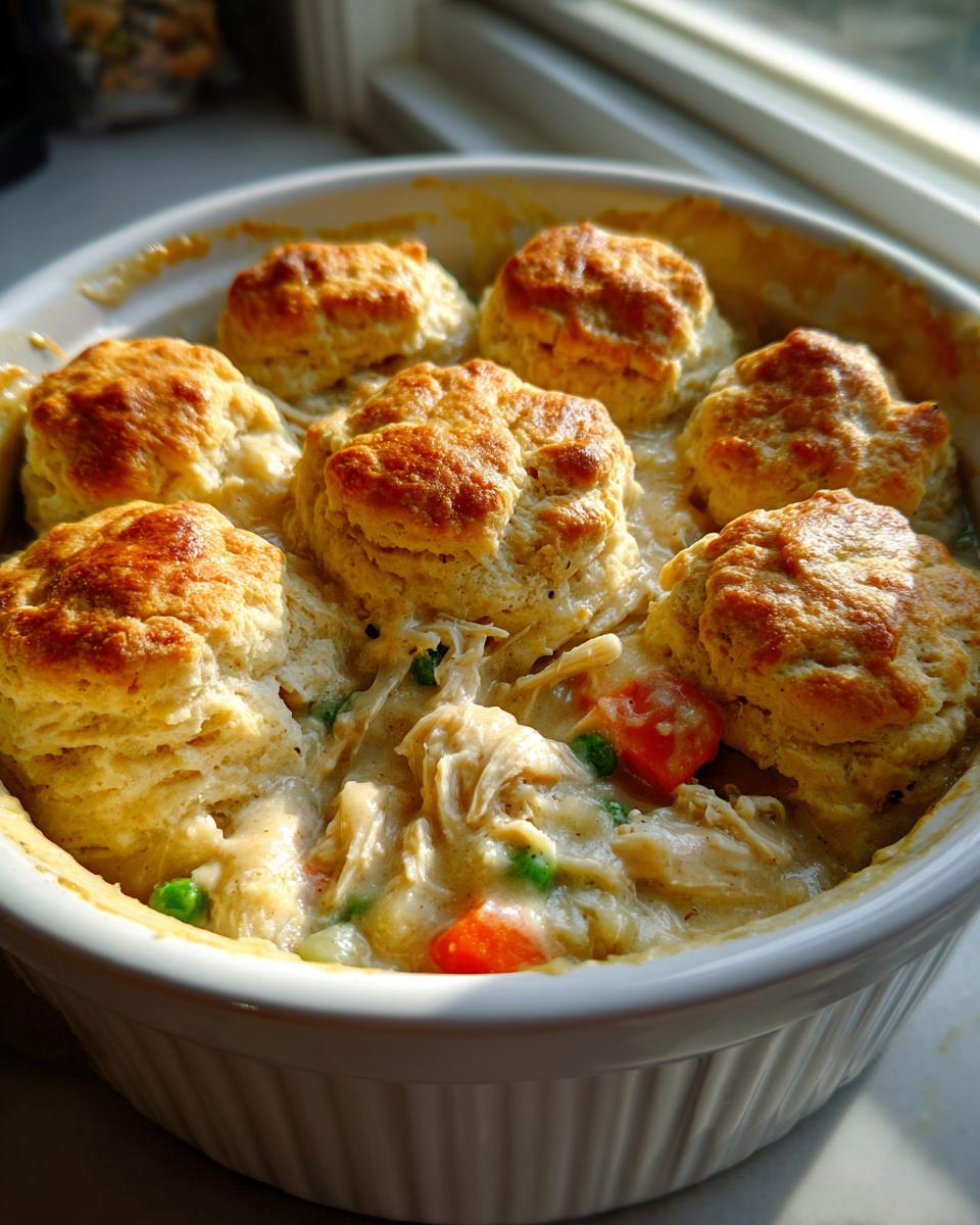 Close-up of a single serving of slow cooker chicken pot pie topped with golden, fluffy biscuits.