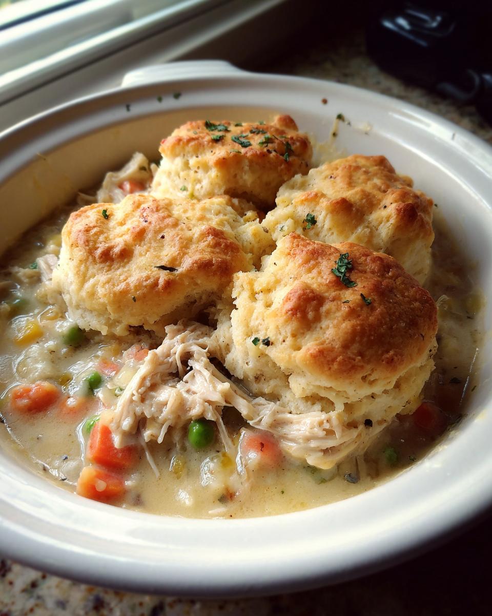 A close-up of a bowl of creamy slow cooker chicken pot pie topped with four golden biscuits and fresh parsley.