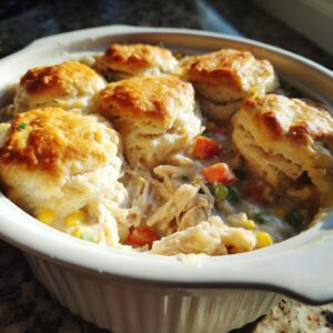 Close-up of golden biscuits topping creamy slow cooker chicken pot pie filling with visible shredded chicken and vegetables.
