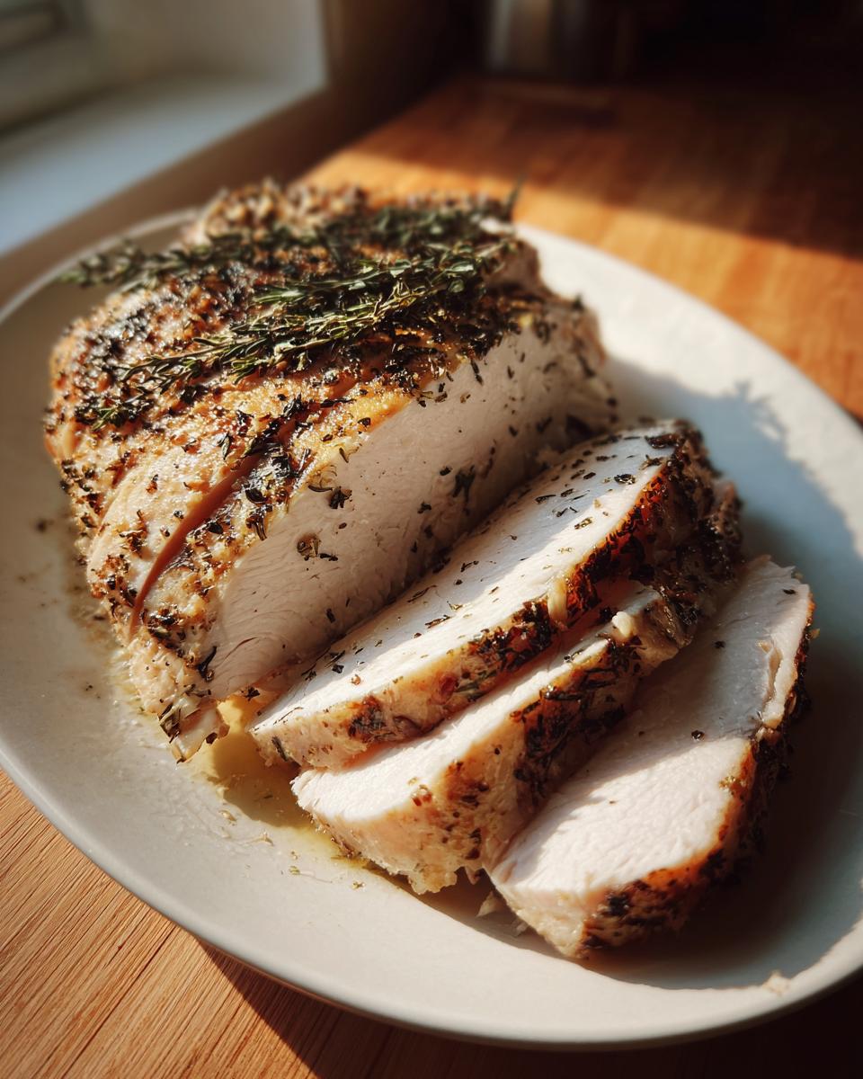 Slices of juicy slow cooker turkey breast seasoned with herbs and thyme resting on a white platter.