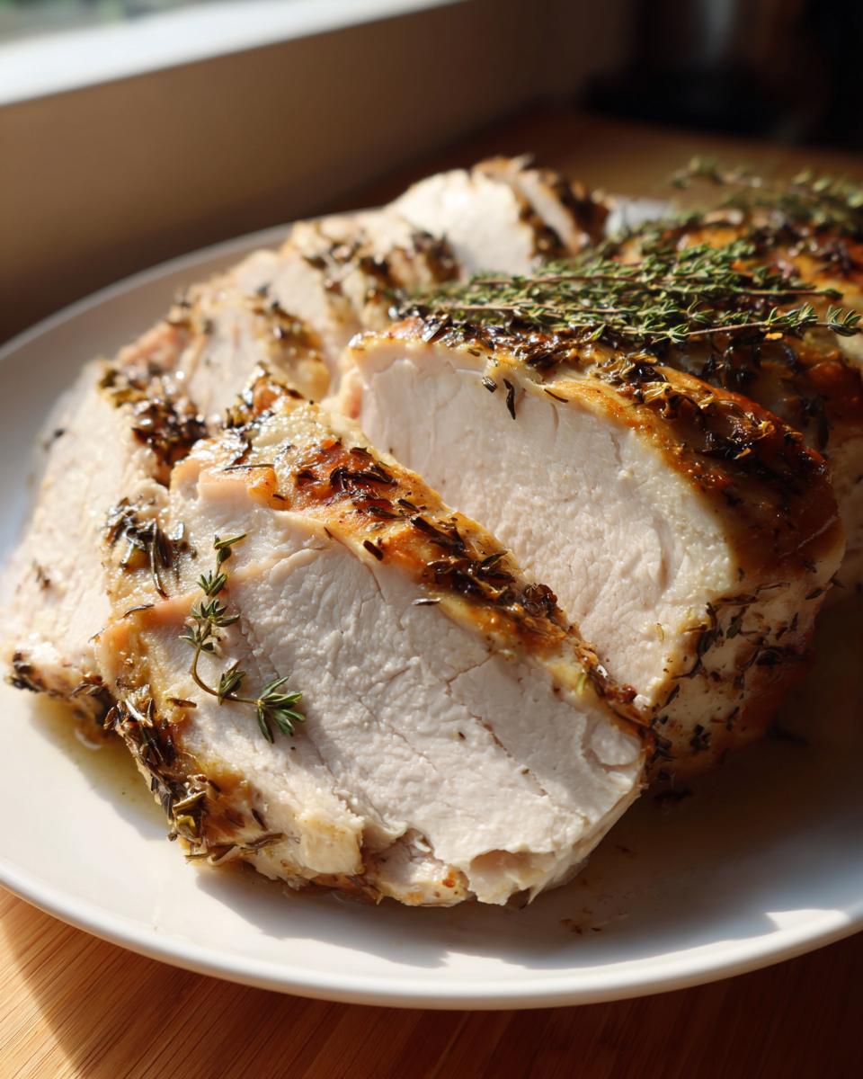 Close-up of moist, sliced slow cooker turkey breast seasoned with herbs and thyme.