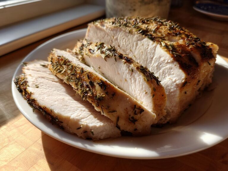 Close-up of sliced, juicy slow cooker turkey breast seasoned with dried herbs, resting on a white plate.