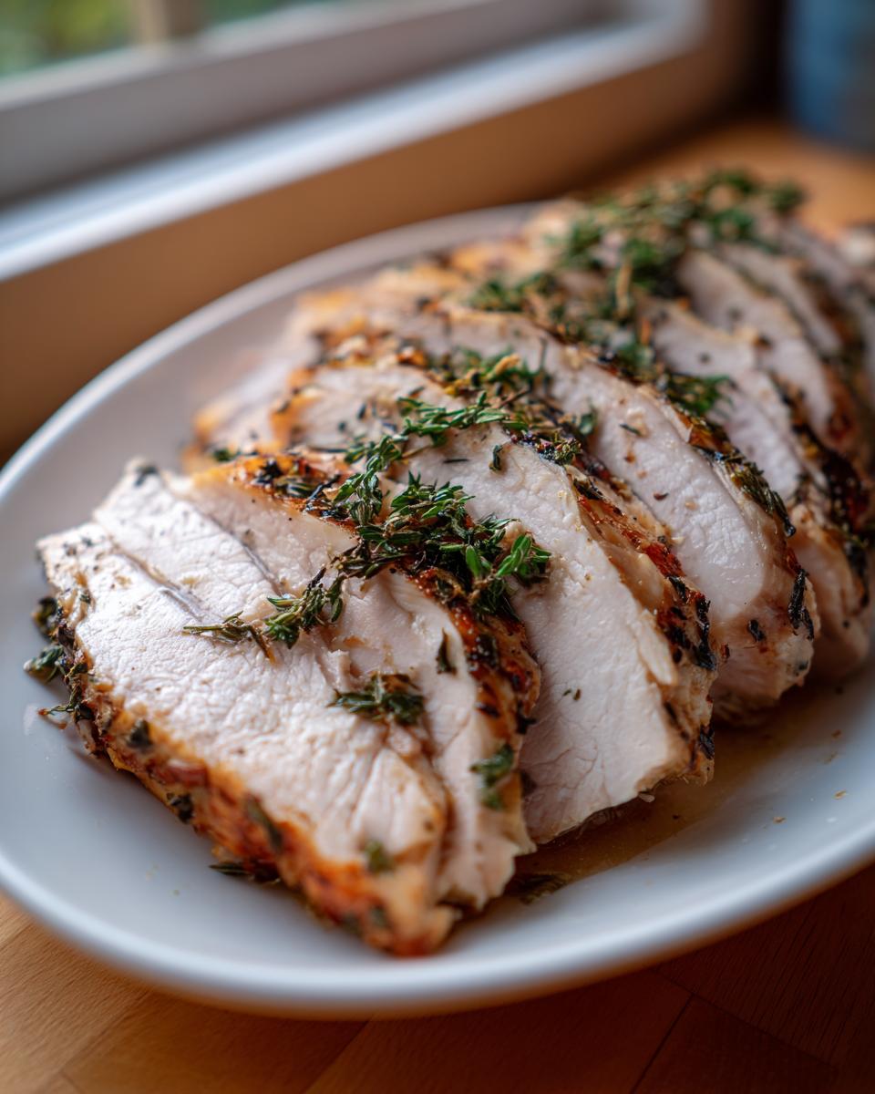 Juicy, sliced slow cooker turkey breast seasoned with fresh thyme and herbs on a white platter.