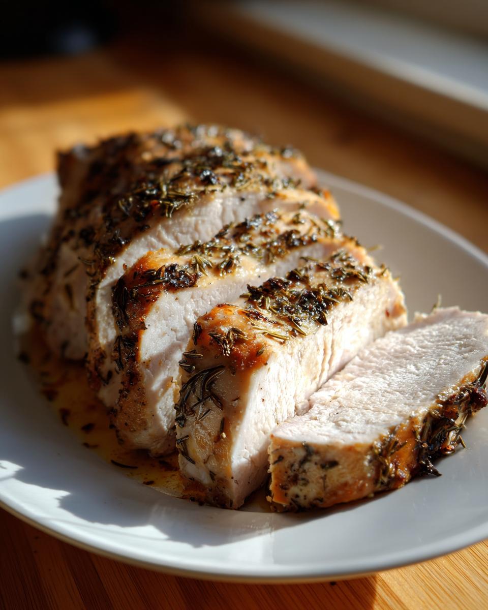 Slices of juicy slow cooker turkey breast, seasoned heavily with herbs, resting on a white plate.