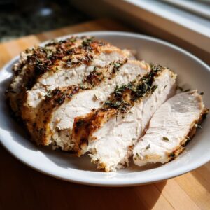 Close-up of several thick slices of juicy slow cooker turkey breast, seasoned with herbs, served on a white plate.