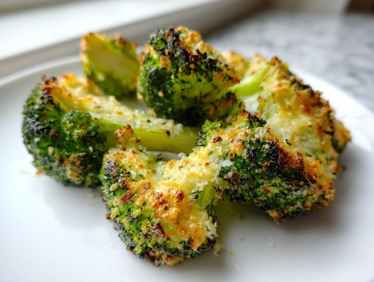 Close-up of crispy, oven-roasted smashed broccoli florets topped with melted, browned cheese.
