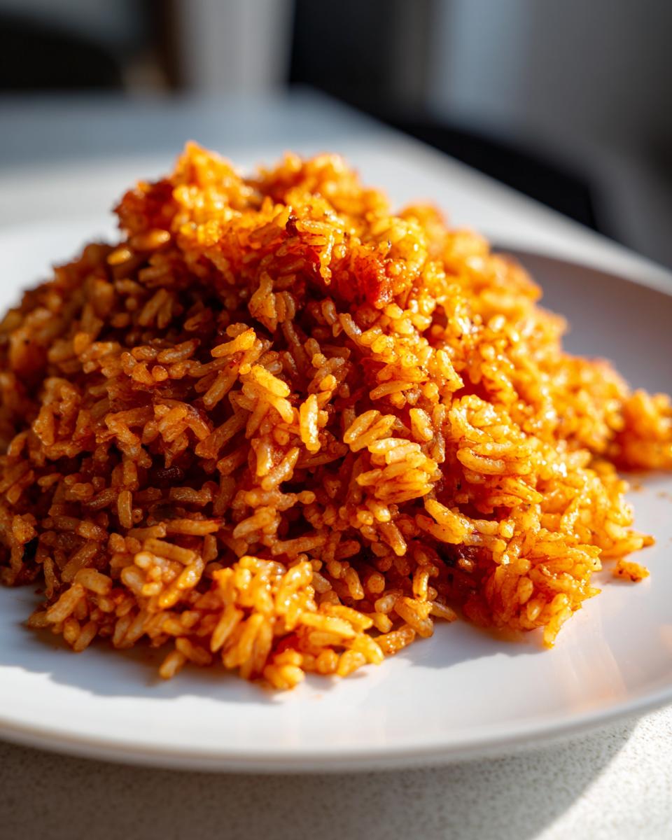 Close-up of a mound of vibrant, orange-red smoky jollof rice served on a white plate.