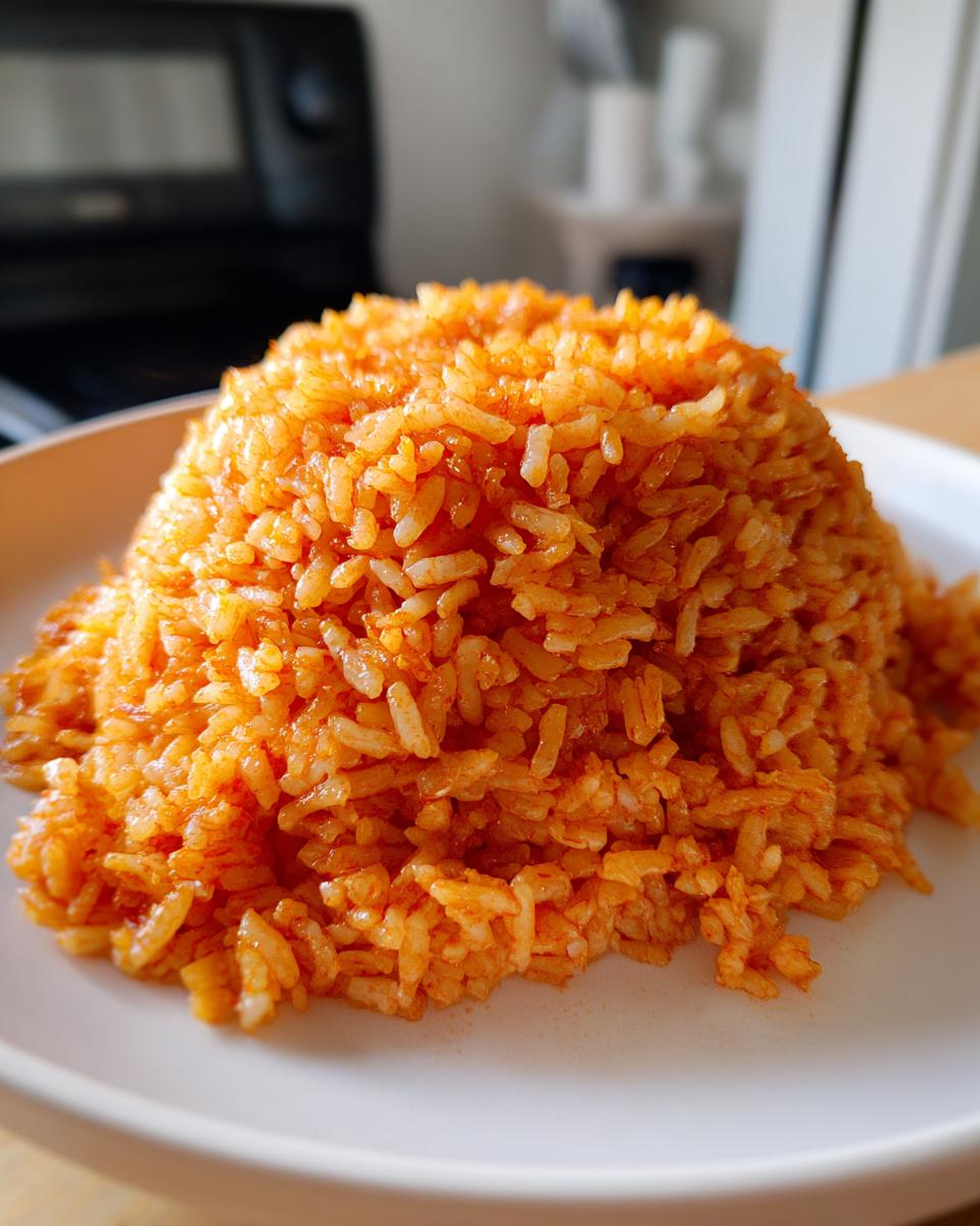 A mound of vibrant, orange-red smoky jollof rice served neatly on a white plate.