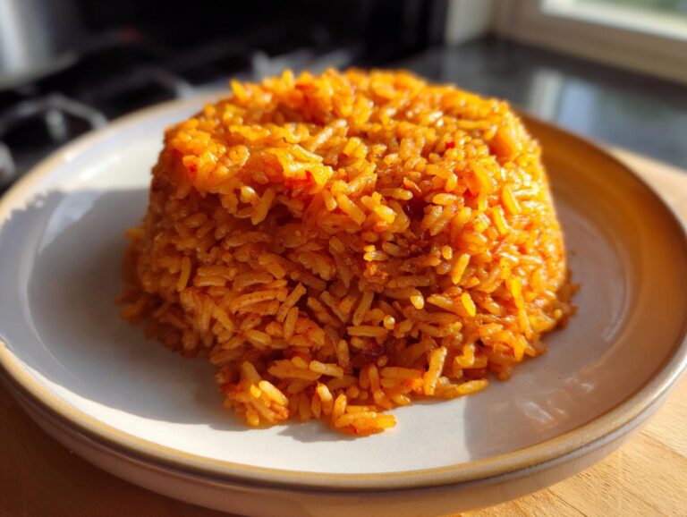 A mound of vibrant, orange-red smoky jollof rice served on a light-colored plate.