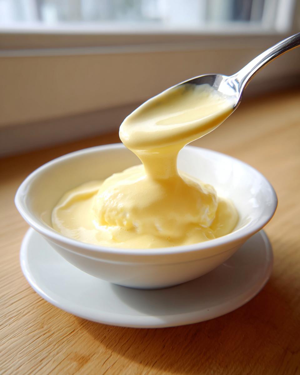 A spoonful of rich, creamy hollandaise sauce drips back into a small white bowl.