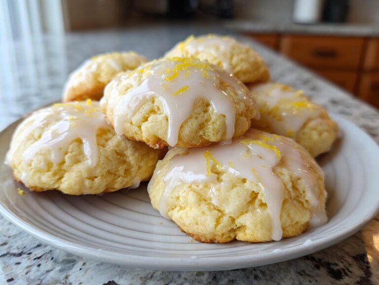 A stack of soft, glazed ricotta cookies topped with bright yellow lemon zest on a white plate.