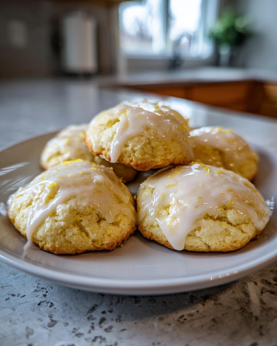 A stack of soft, glazed ricotta cookies topped with lemon zest sits on a grey plate.