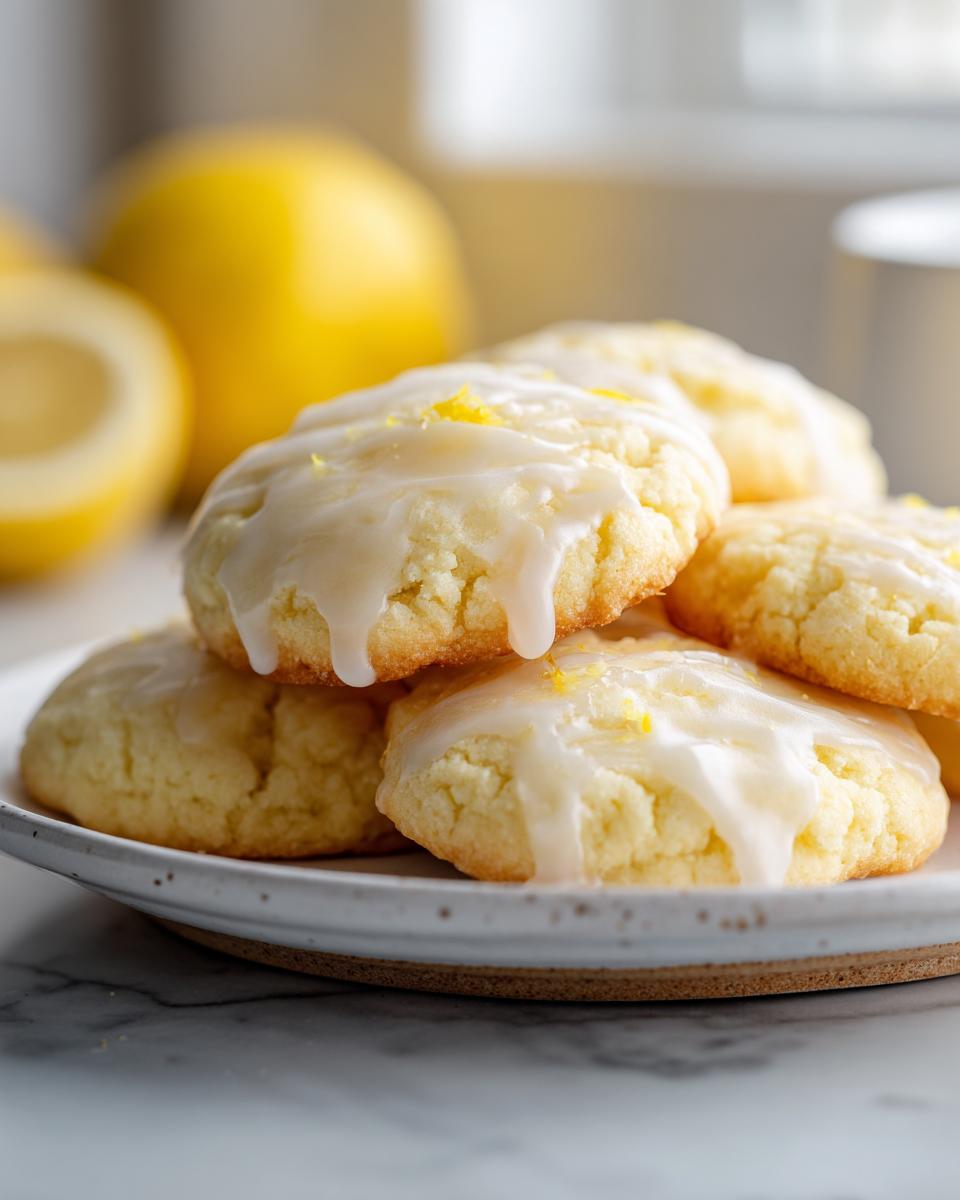 A stack of soft, lemon-glazed ricotta cookies topped with zest, with fresh lemons blurred in the background.