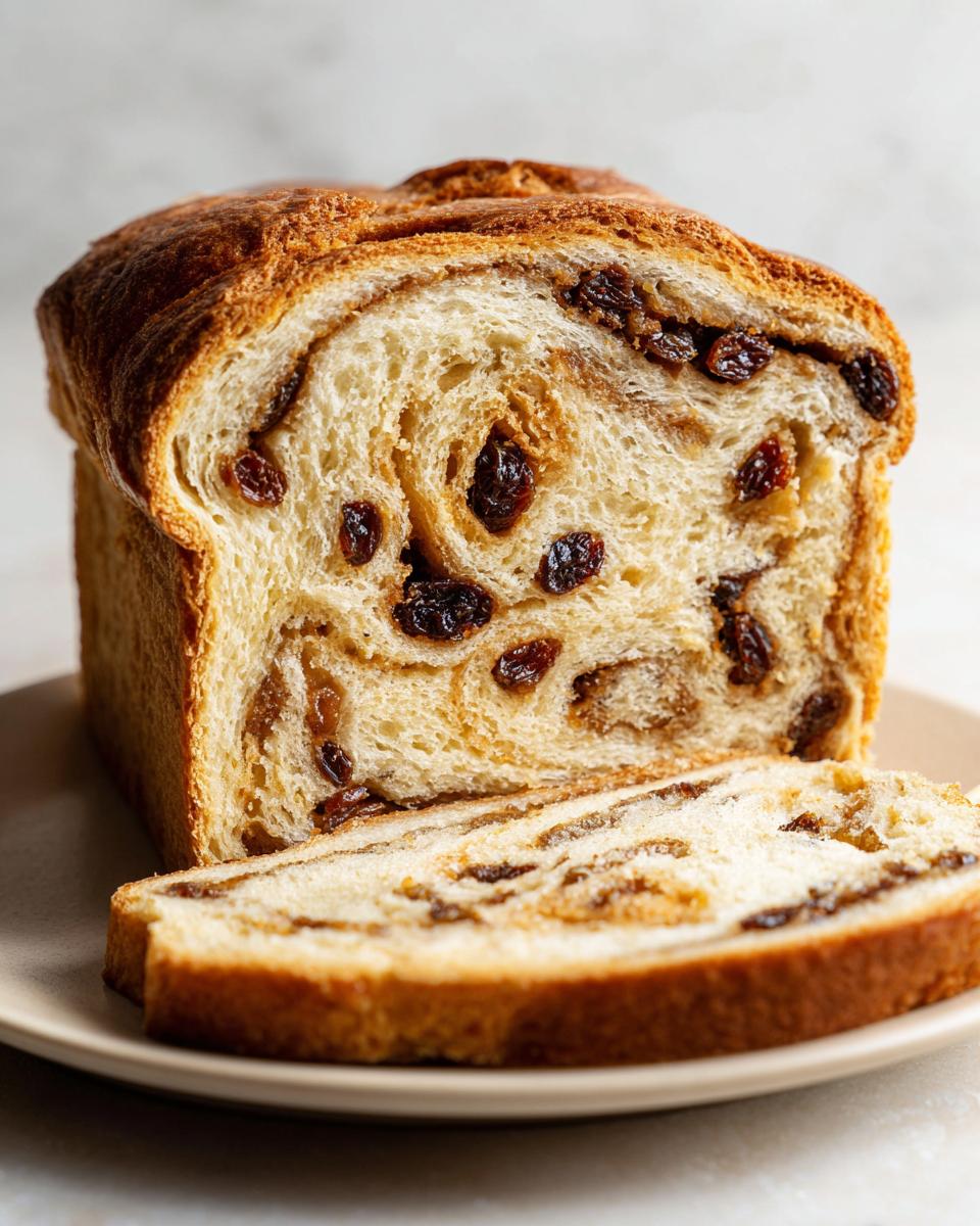 A soft loaf of homemade raisin bread with a slice cut, showing the swirl of cinnamon and plump raisins inside.