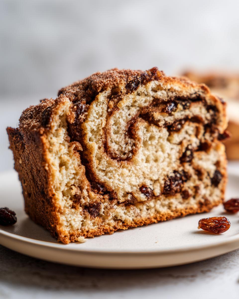 Close-up of a moist slice of raisin bread showing a cinnamon swirl and plump raisins throughout.