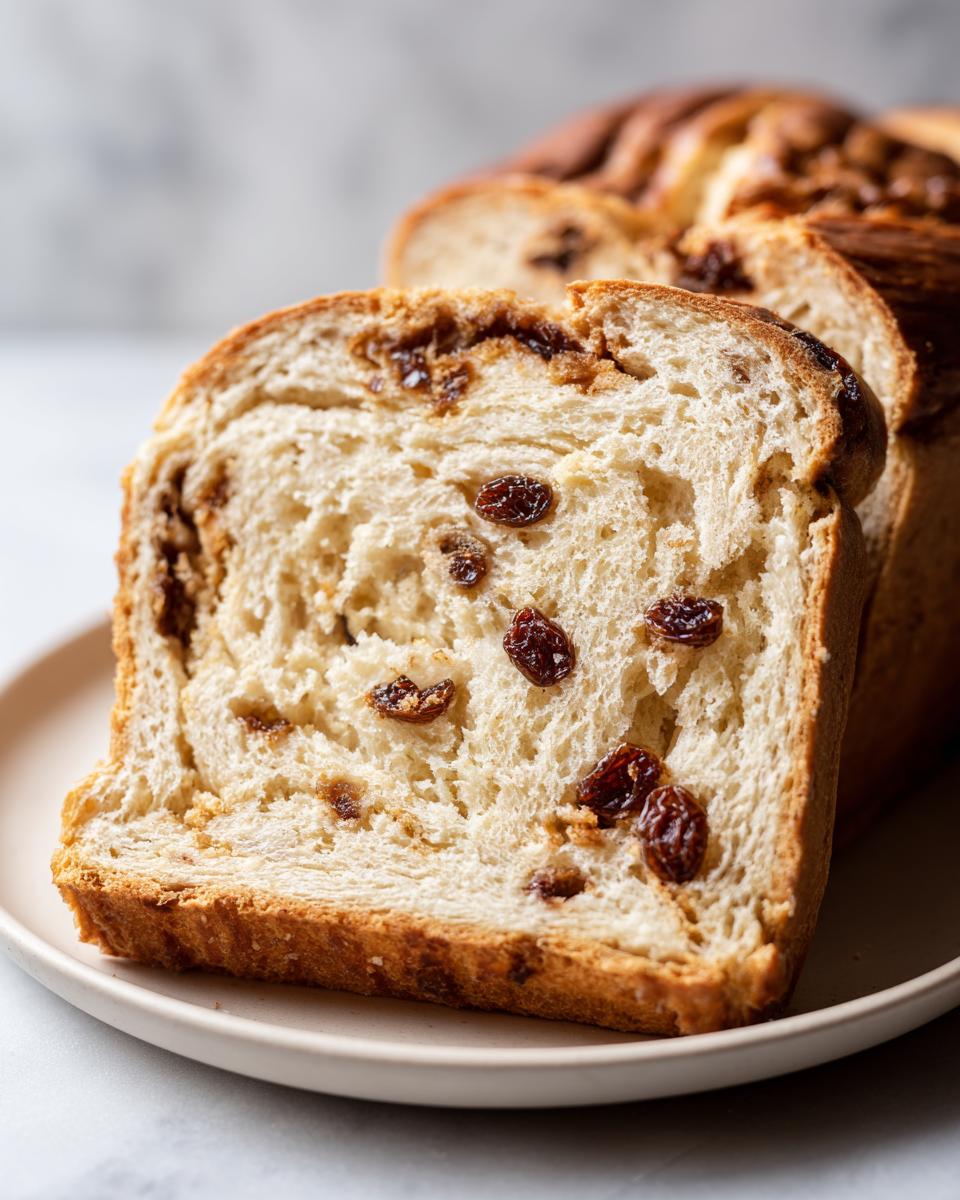 A thick, soft slice of homemade raisin bread showing a fluffy interior texture and visible plump raisins.