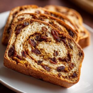 Close-up of thick slices of soft homemade raisin bread showing a swirl of cinnamon sugar and plump raisins.